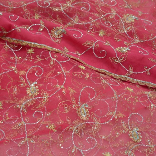 Indian Vintage Saree Pink Hand Embroidered Printed Blend Silk Sari Fabric 6Yd Ethnic Paisley Ethnic Dress making Crafting Quilting Upcycle main image 1