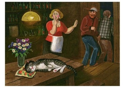 Funny pets cat fell asleep on the table in the bar Russian NEW modern postcard