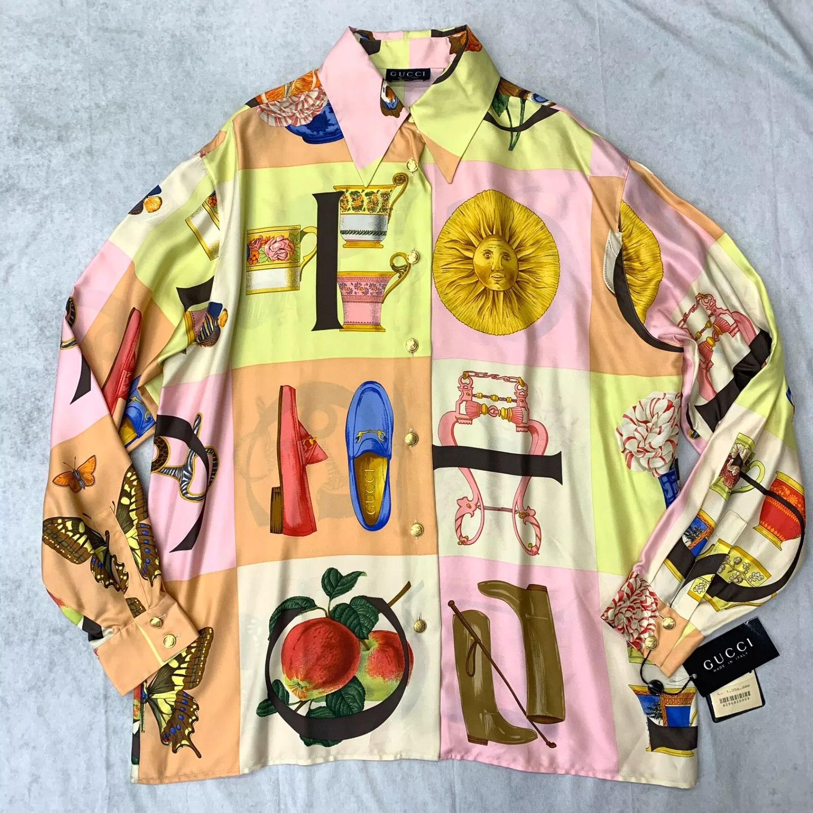 Chemise homme GUCCI en soie imprimé multicolore 46 Made in Italy design oeuvre unique