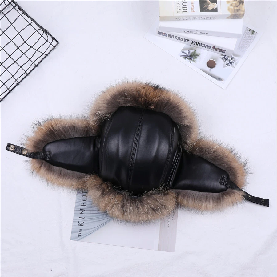 Invierno Para hombres 100% Piel de Mapache Real Plateado Zorro Bombardero Sombrero Ushanka Trapper Gorra de Esquí Foto 3 de 4
