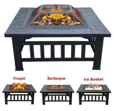 3 in 1 Quadratische Feuerstelle BBQ Grill Barbecue Terrasse Garten Heizung Feuerschale Ofen