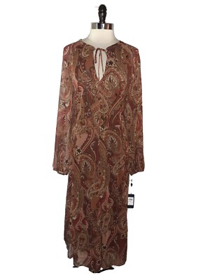 NEW TOMMY HILFIGER Plus Size 22W A-Line Dress Brown Rust Paisley Long Sleeve