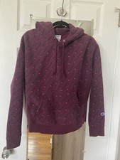 Champion Hoodie Kids Large Maroon Reverse Weave All Over Print Logo Sweatshirt