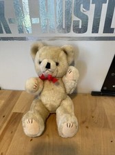 Vintage Jointed Plush Teddy Bear Tan With Red Bow Posable Stuffed Animal 10"