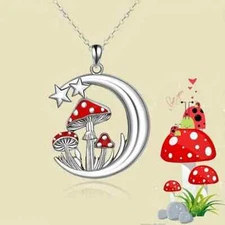 Cute Red Mushrooms On The Crescent Moon Pendant Necklace