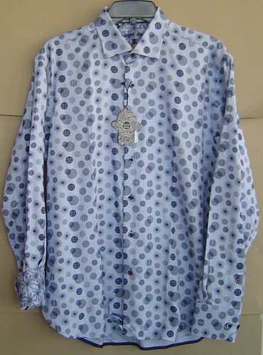 NWT $125 LUCHIANO VISCONTI Mens M LIGHT BLUE w/ NAVY CIRCLES Cotton Shirt 4379 - Picture 2 of 5