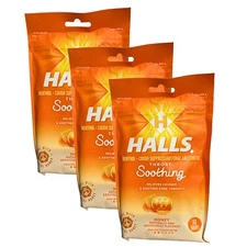 3X HALLS Throat Soothing Honey Flavor Cough Drops 3 Bags 90 Total Drops