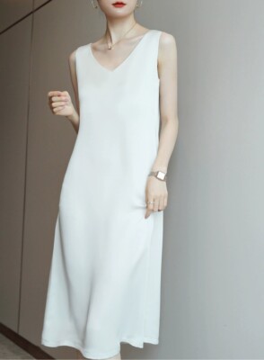 19mm 100% Mulberry Silk Midi Long V Neck Tank Dress