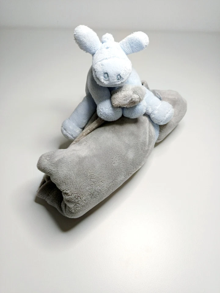 Doudou Plat/Couverture Paco Ane/Cheval Bleu Clair Gris Attache Tétine  - Noukies - Photo 4/4