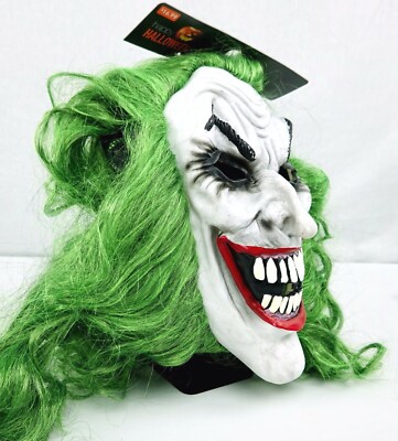 Adult Size Halloween Mask Green Hair Clown with Pale Face Large Grin