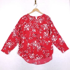 Ava & Viv Red Floral Split Neck Blouse 1X Long Sleeve Plus Size Lightweight
