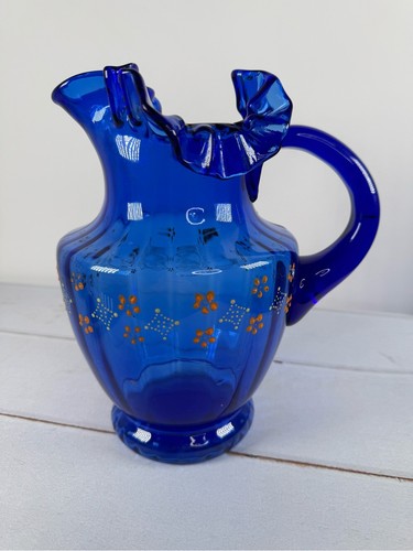 Vintage Victorian Cobalt Enamel Hand Painted Flower Ruffled Top Pitcher