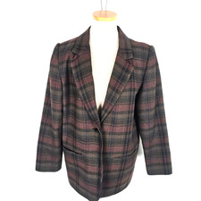 Sag Harbor Blazer Women's 8 Petite Wool Blend Single Button Plaid Black Mauve