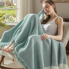 Muslin Throw Blanket with Tassels, 100 Cotton Gauze, Teal, 50"X60"