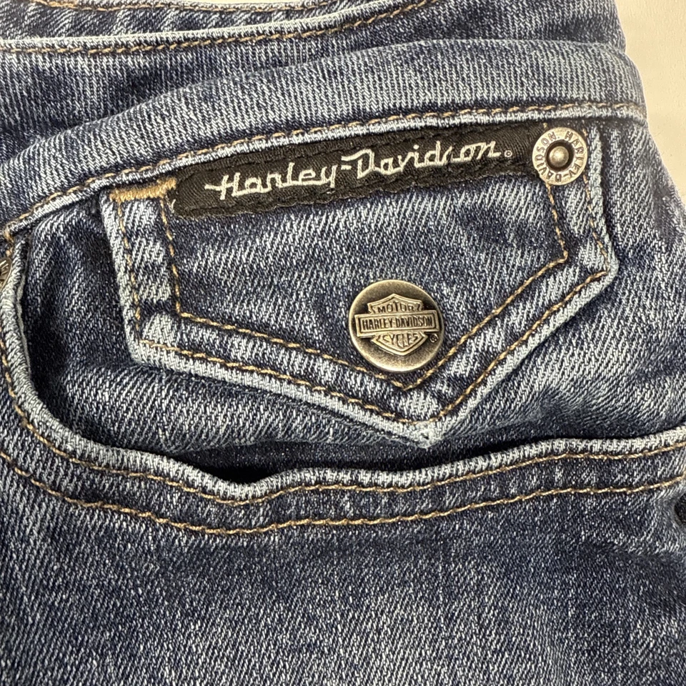 HARLEY-DAVIDSON Womens 14 Blue Stretch Jean Short 2.5” Inseam Embroidered Pocket - Image 3 of 4