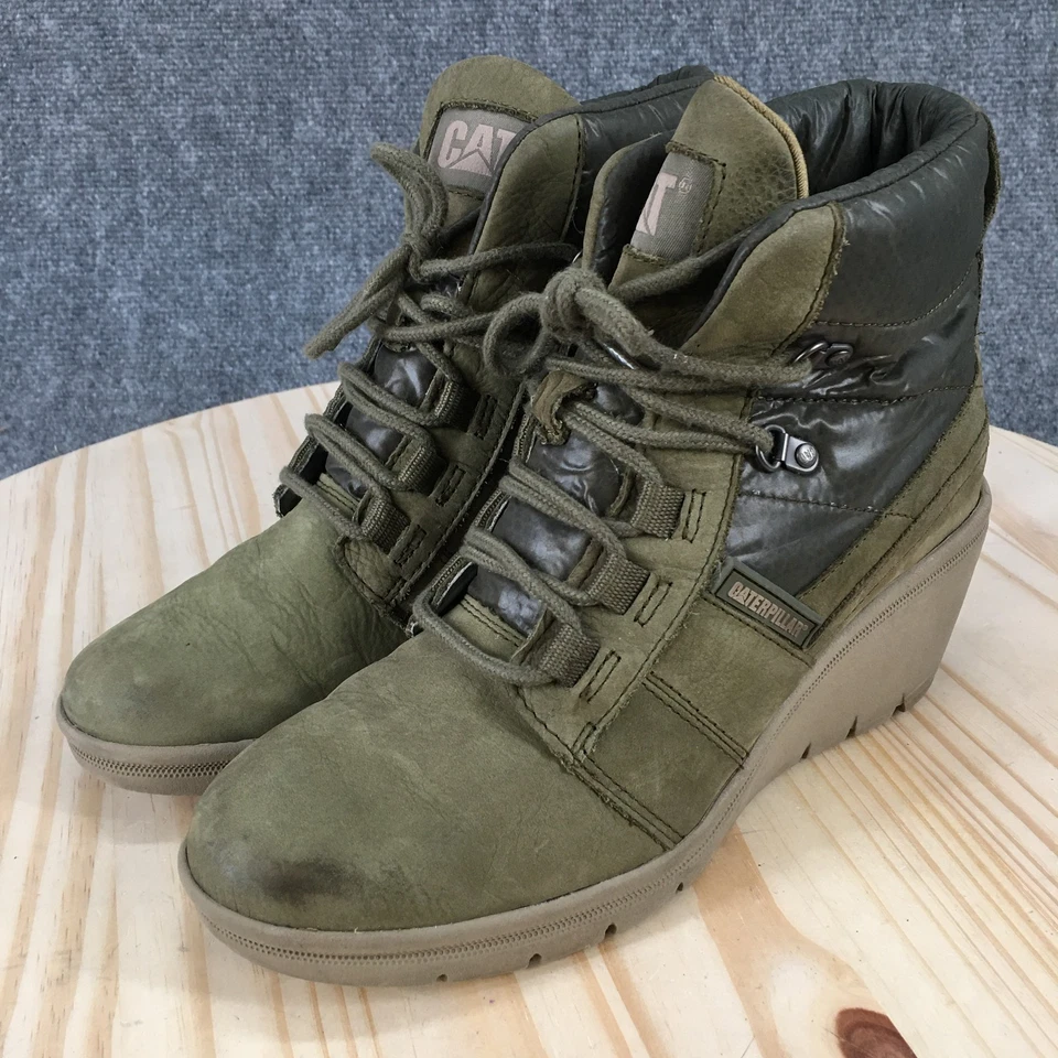 Botas Caterpillar para mujer 9 botines con cuña con cordones P308002 cuero verde oliva Foto 3 de 4