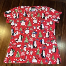 Women  s Cherokee Red Holiday Penguin Scrub Top V-neck style 