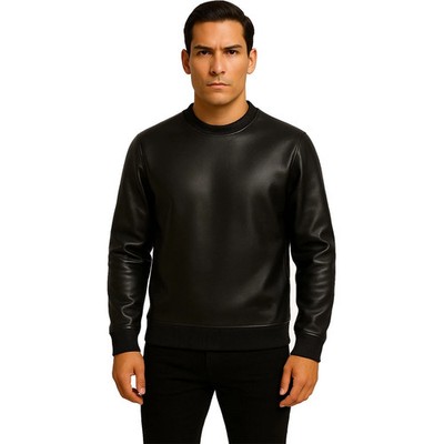 Herren Schwarz Leder Einfach Sweatshirt | Echtes Weiches Lammfell Leder T-Shi...