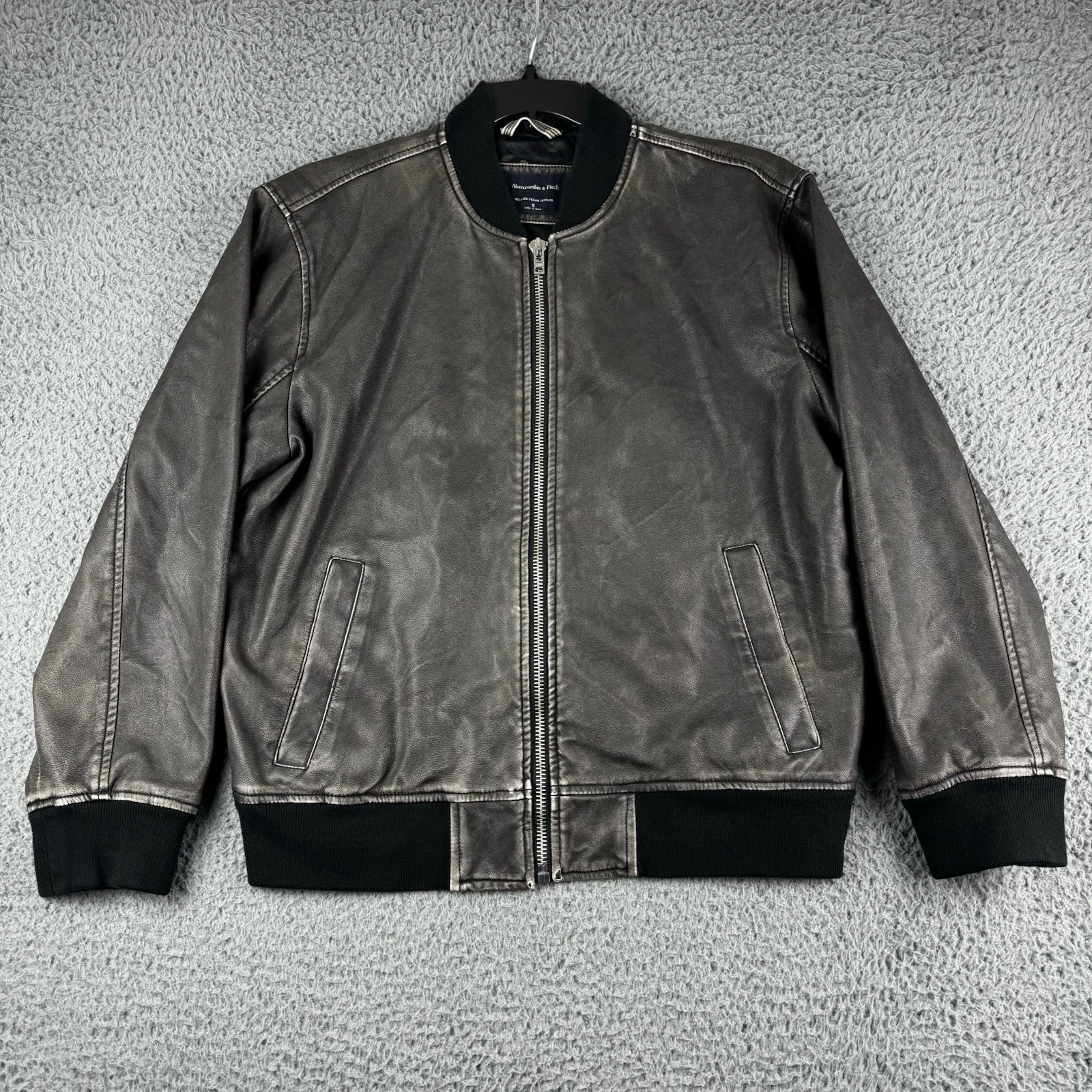 Abercrombie & Fitch Jacket Mens Small Relaxed Vegan Leather Bomber Grey Full Zip - product detail image 3