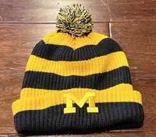 Fan Favorite Michigan Wolverines Blue Yellow Striped Mens OS Block M Pom Beanie