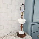 Vintage Hobnail Milk Glass & Wood Table Lamp – 25” Traditional Farmhouse Accent
