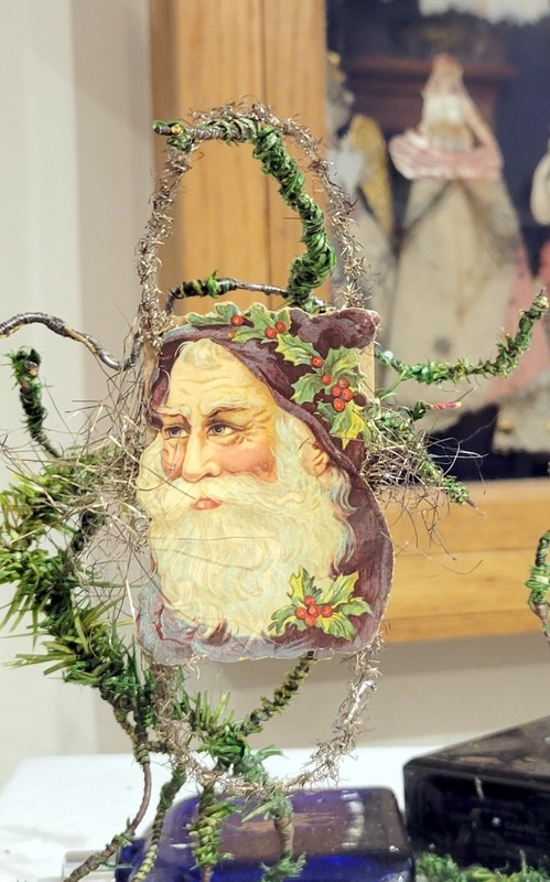 Purple robed Santa Bust, with Holly Trim. 1890s Paper & Tinsel German Ornament.