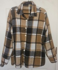 Women's L Flannel Shirt Poly Blend Shacket Neutral Brown Black White Oversized