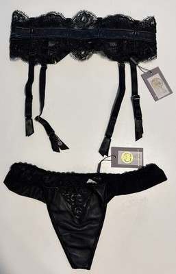 Loveday London Atala Garter & Pantie Set Black Leather And Lace Size Large NWT