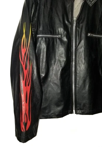 BC Ethic Faux Leather Jacket Vintage 90s Black Fire Flame Sleeves Mens LG image 7