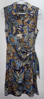 Drew NWT Womens Paisley Faux Wrap Dress Blue Brown Tropical Resort Cruise S
