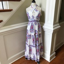 Bell Alex Maxi Dress Womens Small White Pink Blue Crossover Halter Silk Cotton