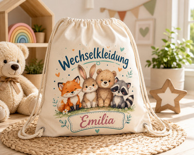 Personalisierter Turnbeutel Waldtiere mit Name   Wechselkleidung | Canvas-Look N