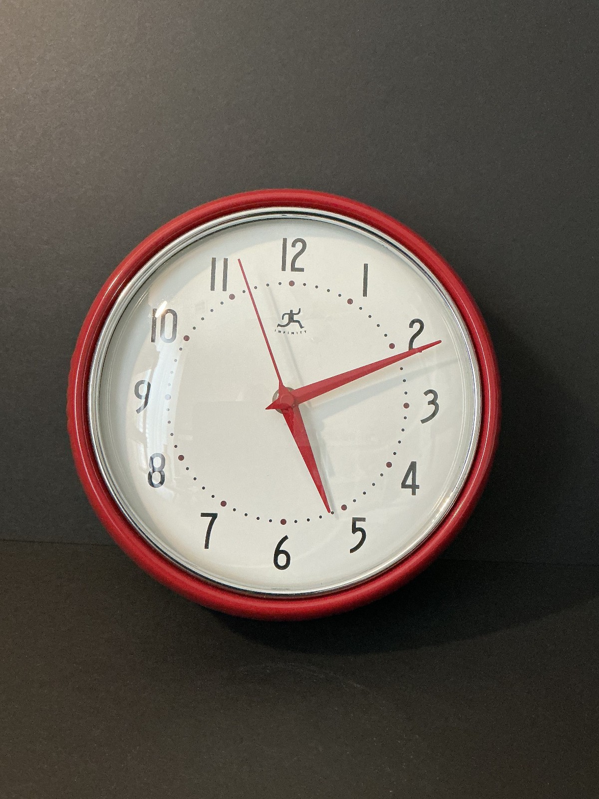 Infinity Instruments Retro Wall Clock Red Metal Quartz Movement Chrome Trim Ring