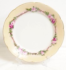 Hand Painted Porcelain J P L Dinner Plate Antique Yellow Rim Pink Roses France