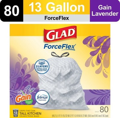 Glad ForceFlex Tall Kitchen Drawstring Trash Bags, 13 Gallon, Gain Lavender