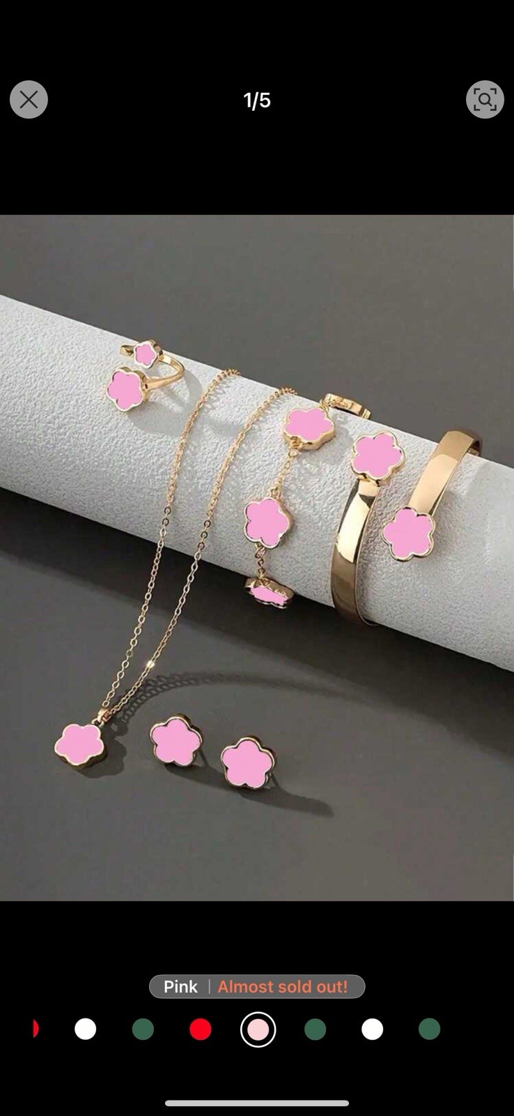 5pc Tarnish-Free Gold Plated Five Leaf Clover Necklace Ring Bracelet Set