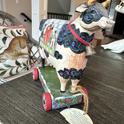 Jim Shore BELL COW on Cart 4008182 Heartwood Creek Folk Art 2007 Preowned
