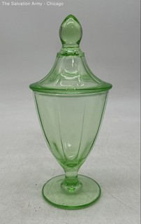 Fostoria Green Etched Glass Decorative Pedestal Candy Dish With Lid