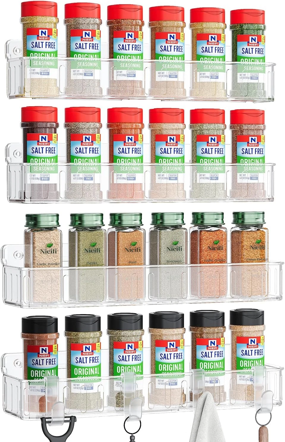 Nieifi Spice Rack Wall Mount, 4 Pack, Clear, Screw or Adhesive Installation, Spi
