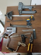 Shop Lot of Good Tools - Combination Squares, Air Nailer Tin snips, Hand Drill