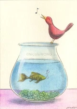 ACEO PRINT - TWEET & BUBBLES - song birds fish animals pets art artist artprint