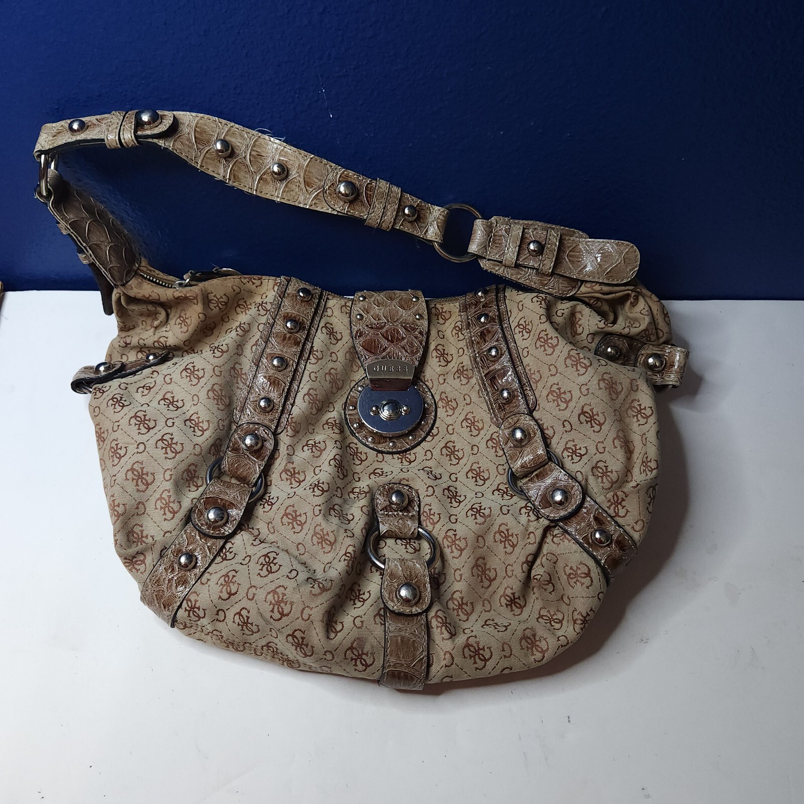 Guess Canvas Faux Leather Tote Handbag Purse Brow… - image 1