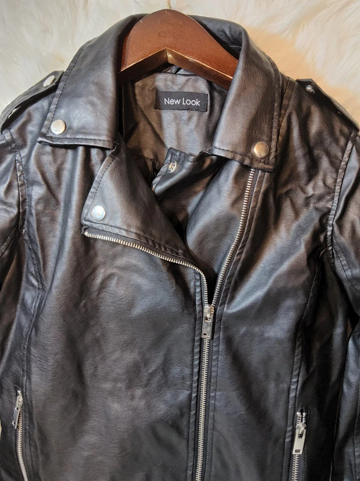 Lindo abrigo chaqueta de moto de cuero sintético negro New Look para mujer talla S bolsillos  Foto 3 de 4