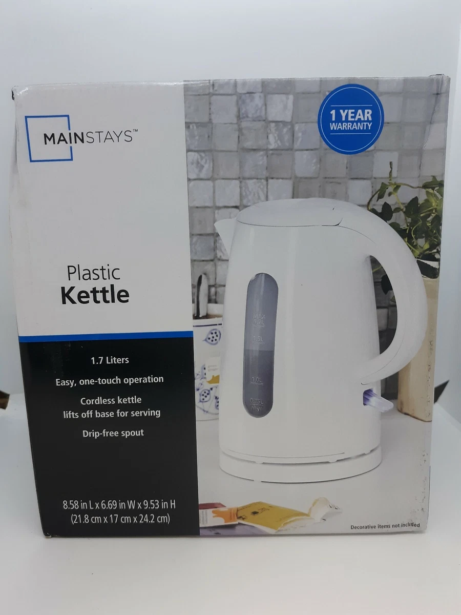 Mainstays 1.7 Liter Plastic Kettle Cordless One Touch Operation White READ