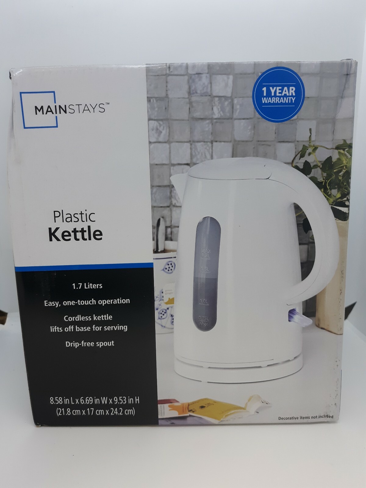 Mainstays 1.7 Liter Plastic Kettle Cordless One Touch Operation White