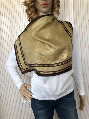 Foulard Carré En Soie Vintage Guy Dormeuil - Beige Et Marron - Cadeau Femme