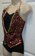 Dance Sequin faux vest Foil Spandex leotard Gold Fushia Costume Jazz