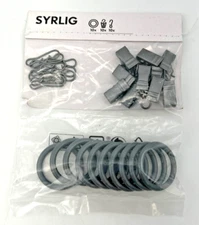 Ikea SYRLIG Curtain ring with clip & hook 202.172.25 silver/gray Pack Of 10 NEW