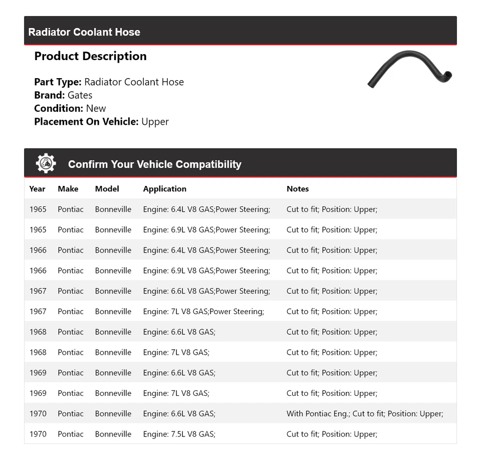 Manguera de refrigerante de radiador para Pontiac Bonneville 1965-1970 puertas superiores 1966 1967 Foto 2 de 4