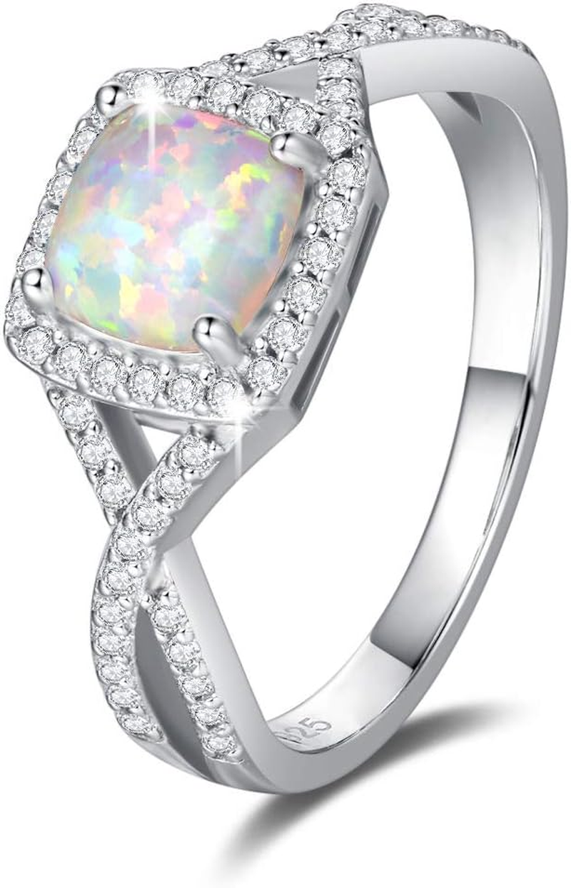 October Birthstone Created Opal Rings Sterling Silver 4-Prong Halo White Fire Op